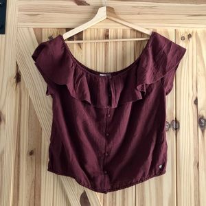 Roxy. Off the shoulder top in Burgundy. Size Large.